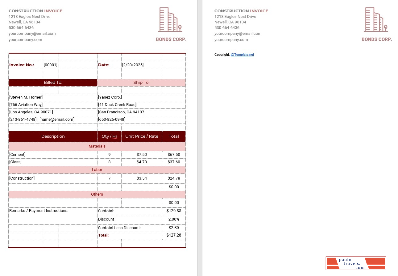 Simple Construction Invoice Template PSD template